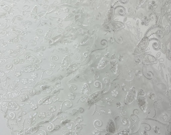 White Butterfly Embroidered Lace Fabric with Metallic Thread & Sequins by yard