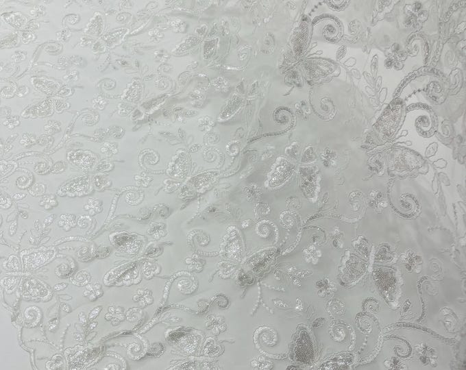 White Butterfly Embroidered Lace Fabric with Metallic Thread & Sequins by yard