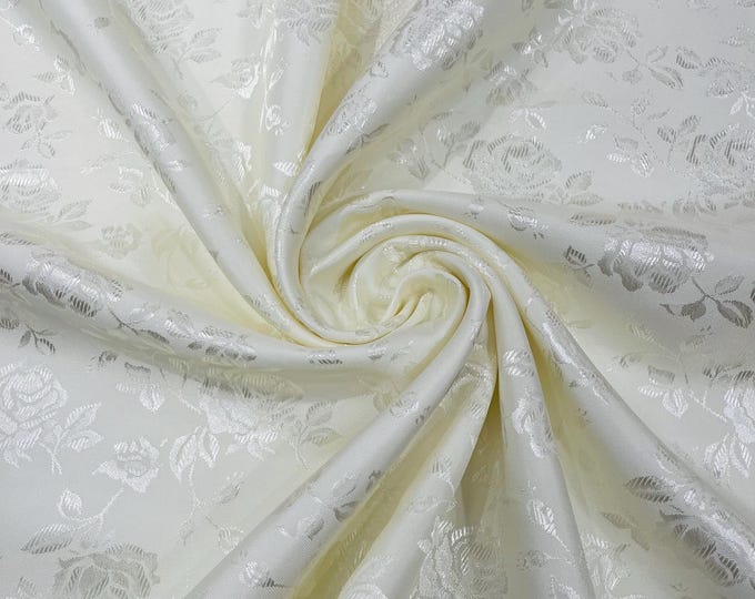 Ivory Floral Brocade Jacquard Satin Fabric - 58/60" Wide by the yard