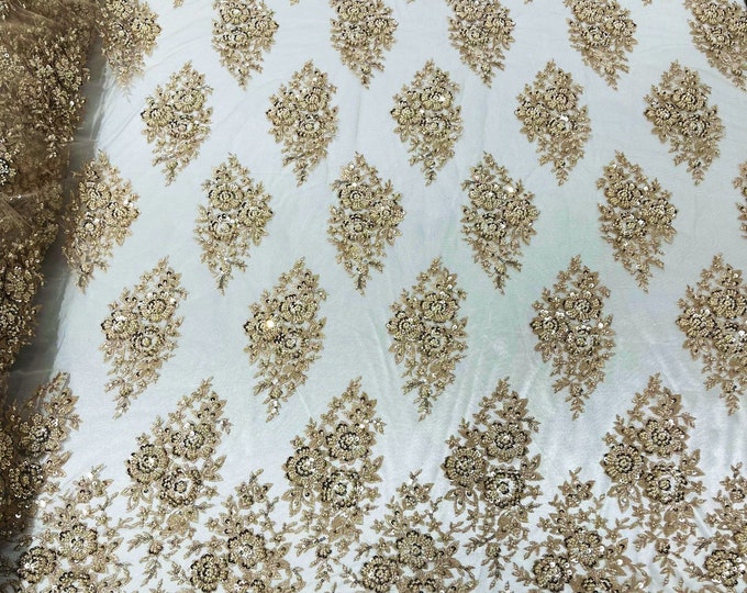 Champagne Floral Cluster Beaded Fabric - Sold By The Yard - Embroidered Flower Beaded Fabric Wedding Bridal