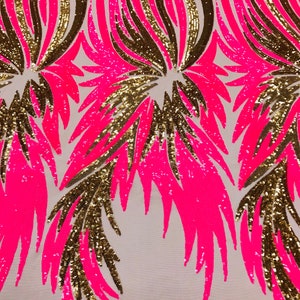 Hot Pink/Gold Sequins on Spandex Mesh By The Yard,Angel Wings Design Embroidered With Sequin on a Mesh 4way Stretch-Prom-Gown (Pick a Size)
