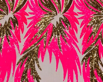 Hot Pink Gold Sequin Embroidered Mesh Fabric, Angel Wings Design, 4-Way Stretch