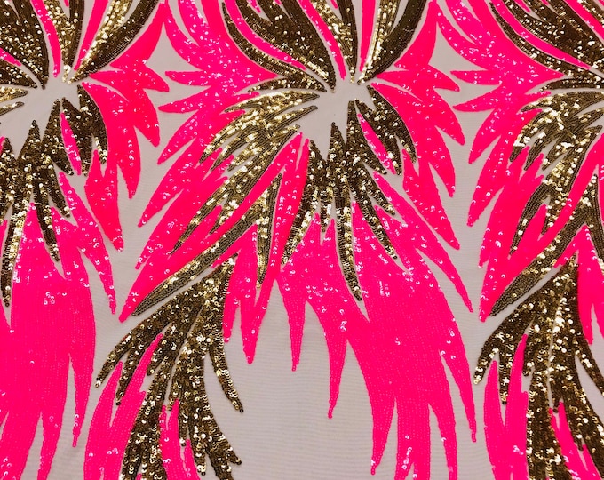 Hot Pink/Gold Sequins on Spandex Mesh By The Yard,Angel Wings Design Embroidered With Sequin on a Mesh 4way Stretch-Prom-Gown (Pick a Size)