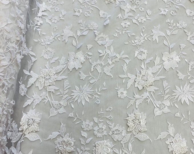 White 3D Flower-Floral and Leaves Embroidery on a Mesh Lace Fabric , Floral Bridal Lace Wedding Dress By The Yard