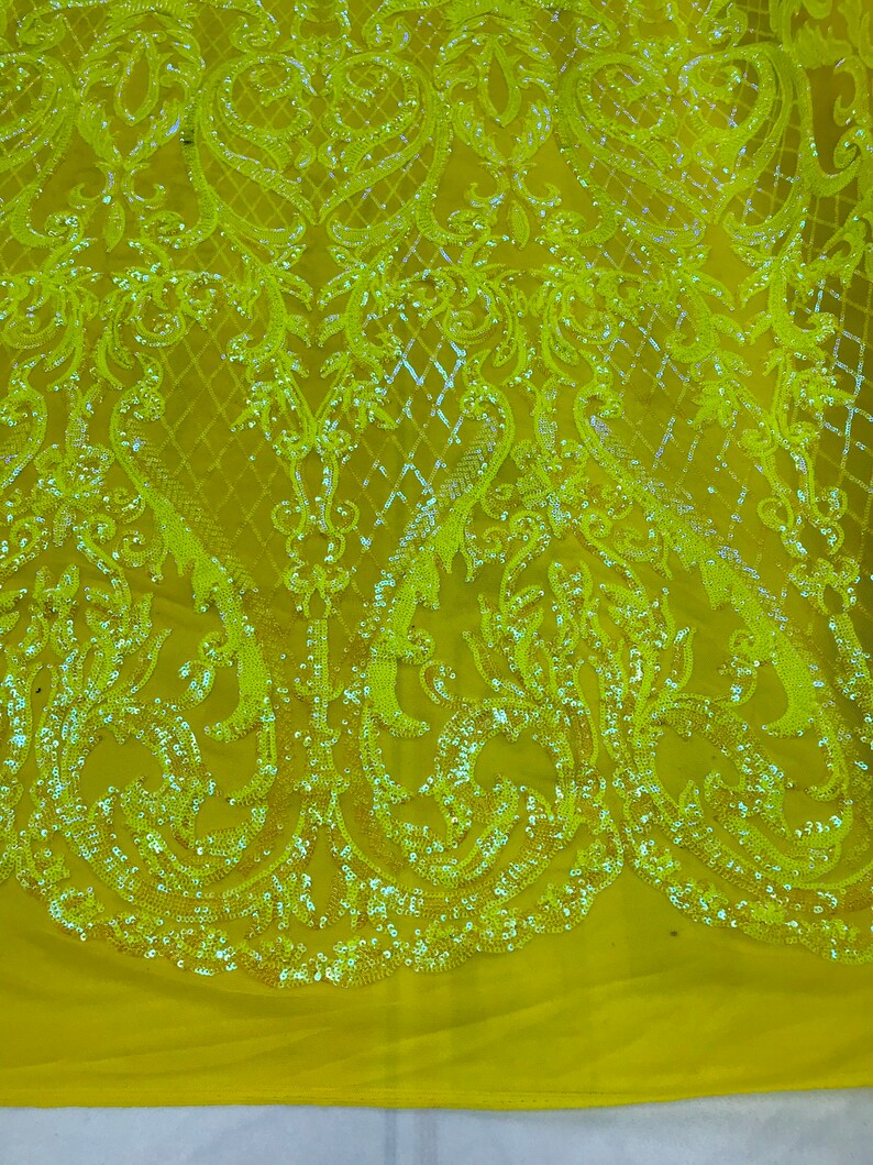Iridescent Yellow Sequin Fabrics Damask Design 4way Stretch Etsy