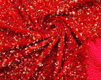 Red Green Iridescent Sequin Fabric: Red Stretch Velvet (58/60" Wide)