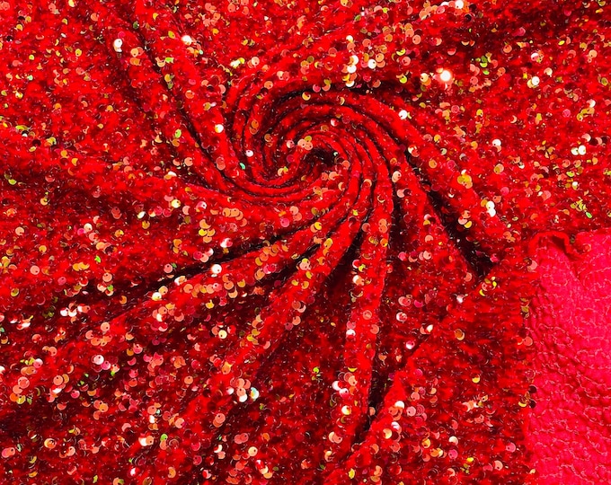 Red Green Iridescent Sequin Fabric: Red Stretch Velvet (58/60" Wide)