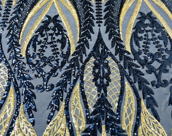 Navy Blue & Gold Sequin Fabric: Two-Tone Damask Design, 4-Way Stretch by the yard