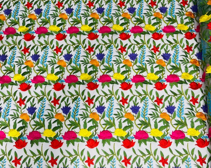 Multi color Flower, Floral Lace - by the yard- Embroidered on Ivory Mesh Lace Fabric, Bridal Wedding Floral Mesh (Pick a Size)