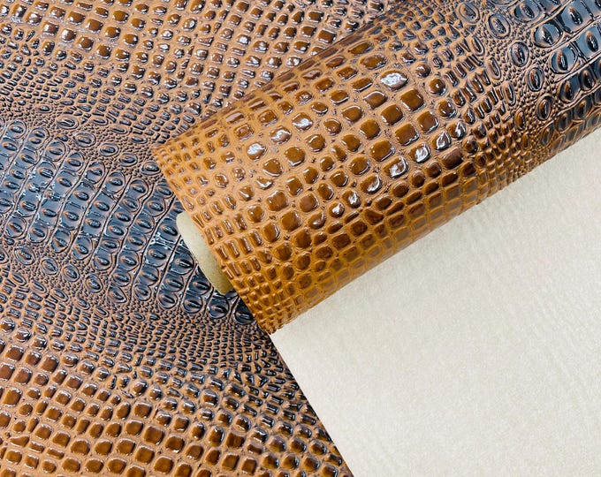 Honey Caramel Gator 3D Embossed Vinyl Fabric Faux Fake Leather Vinyl Fabric, Embossed Crocodile Fabric By The Yard Upholstery Purses Shoes