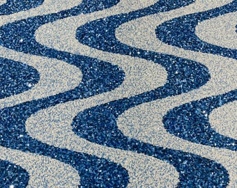 Stretch Velvet Sequins - Baby Blue / White - Sequin on Stretch Velvet Fabric - Wavy Line Design with 5mm Sequins By Yard