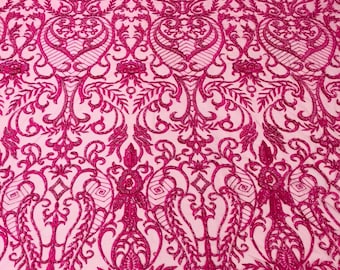Glam Damask Beaded Fabric, Fuchsia - Embroidered Fashion Fabric with Beads Wedding Bridal Sold By Yard