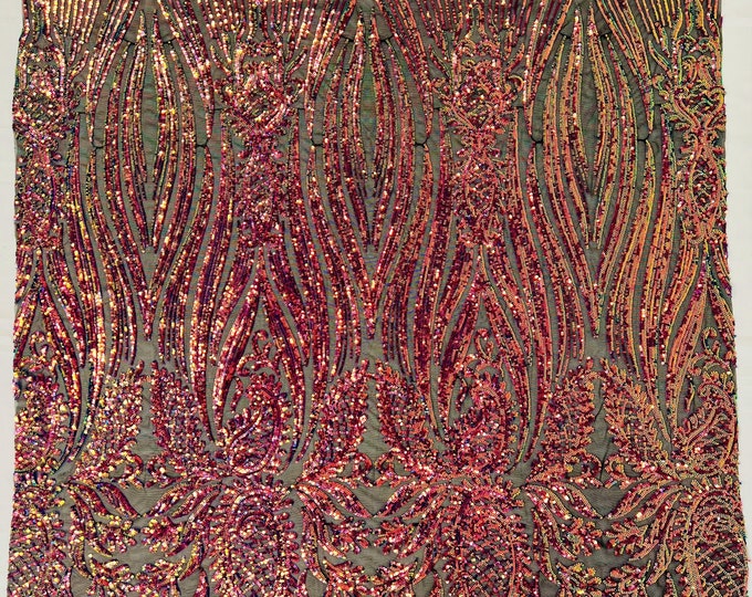 Rainbow Iridescent Sequin Fabric on Black Mesh - by the yard - Paisley Pattern on a 4 Way Stretch Shine Sequins Fabric Mesh-Prom-Gown