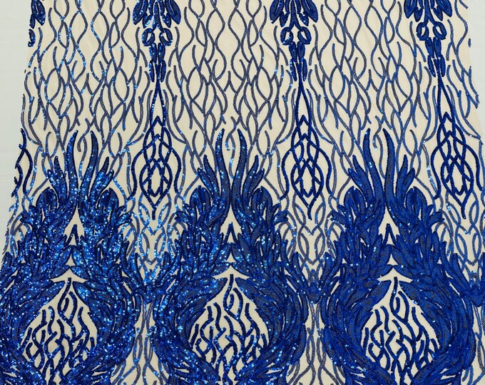 Royal Blue Sequin Fabric on Nude Mesh - Damask Design 4 Way Stretch Iridescent Sequins Fabric (Pick a Size) by the yard
