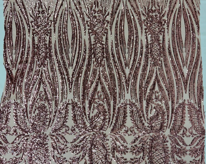 Dusty Rose Sequin Fabric on a Mesh - by the yard - Paisley Pattern on a 4 Way Stretch Shine Sequins Fabric Mesh-Prom-Gown