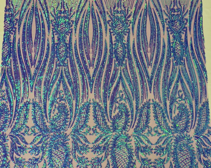 Lilac Iridescent Sequin Fabric on Spandex Mesh - by the yard - Paisley Pattern on a 4 Way Stretch Shine Sequins Fabric Mesh-Prom-Gown