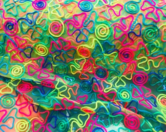 Rainbow Color 2 Way Stretch on Lime Mesh, Swirl Design 2Way Stretch 55/57" Sold By The Yard (Choose The Size)