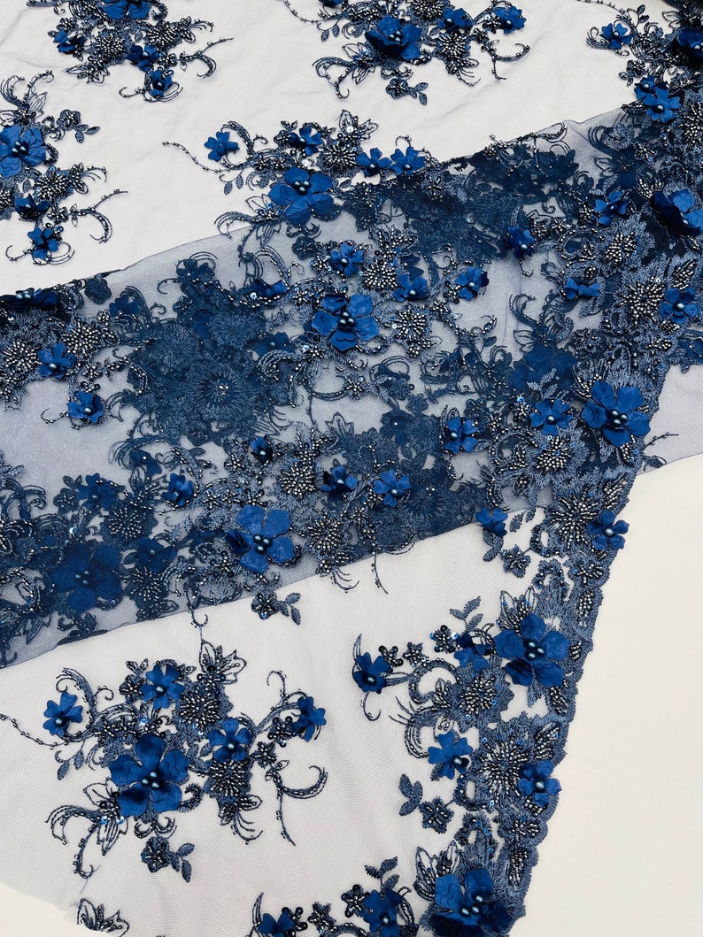 Navy Blue 3D Floral Beaded Embroidery Lace Fabric - Etsy