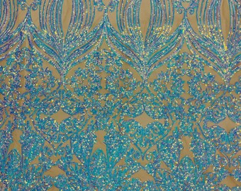 Aqua Iridescent Sequin Lace Fabric - Embroidered Damask Design