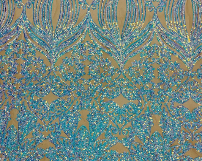Iridescent aqua Sequin Lace Fabric On Nude Mesh Damask Design Embroidered On 4 way Stretch Sequin By The Yard -Prom-Gown ( Choose The Size )