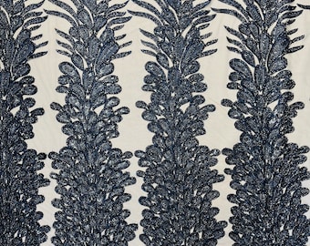Navy Blue Beaded Lace Fabric: Peacock Feather Design, Sequined Mesh