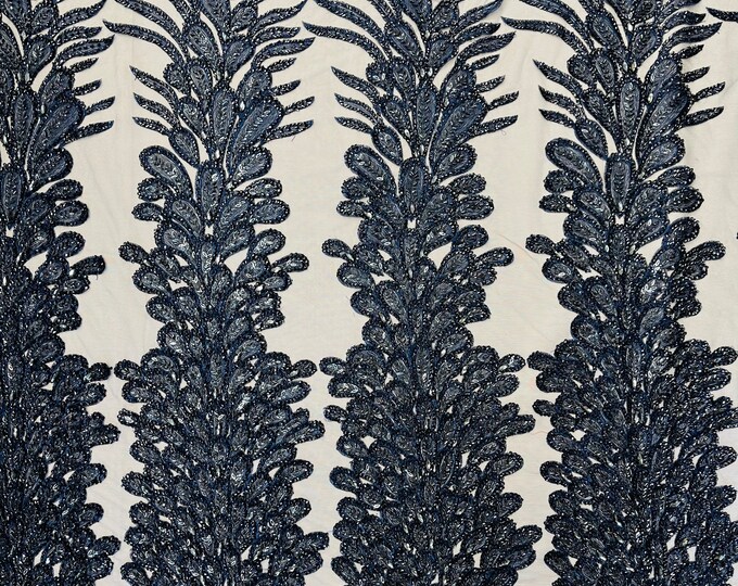 Navy Blue Beaded Peacock Feathers 3D Vegas Design with Embroidered Sequins and Beads On Mesh Lace Fabric for Prom Dress (Choose The Panels)