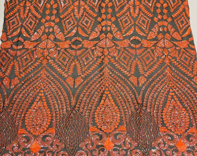 Iridescent Neon Orange - 4 Way Stretch Geometric Sequins Bella Design on Mesh Fabric for Prom Gala Gown Sold By The Yard