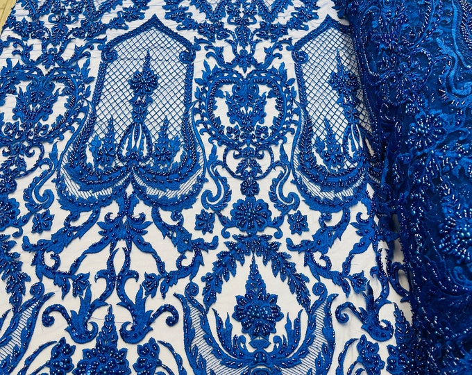 Mia’s Fabrics, Royal Blue - Beaded Fabric - by the yard - Embroidered With Pearls and Beads on Mesh