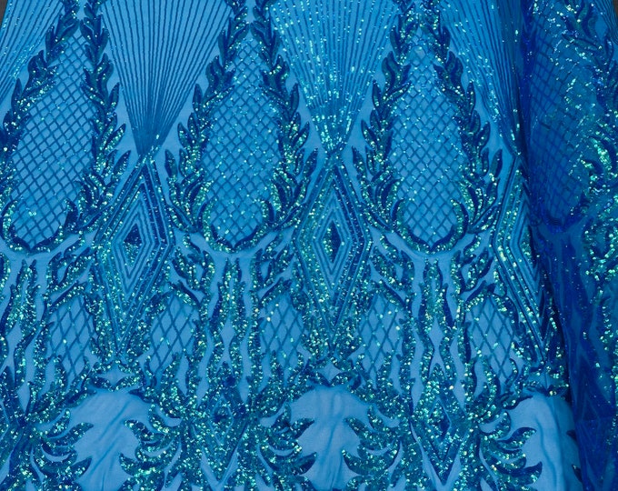 Turquoise Iridescent Sequin Fabric | Geometric Design on a 4 Way Stretch Sequins Fabric Mesh-Prom-Gown By Yard