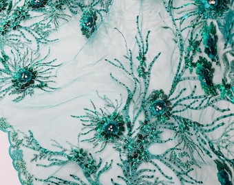 Jade Green 3D Floral Rhinestone Lace Fabric, Embroidered Mesh, Prom Dress Material