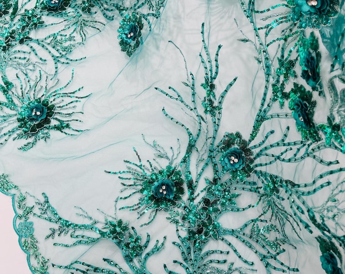 Jade Green 3D Floral Rinestones Lace Fabric by yard, Flower Design Embroider With Rhinestones On a Mesh, Prom-Dresses-Nightgown-Fashion