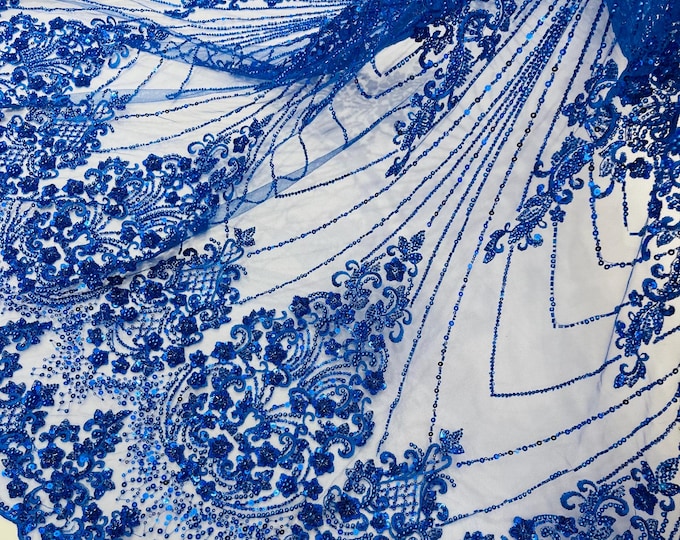 Royal Blue Beaded Fabric By The Yard, Luxury Geometric Design Beads and Sequins, Beaded Fabric Embroidered on a Mesh Lace,Wedding,Bridal