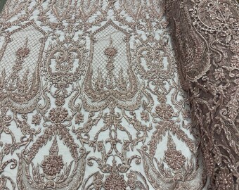 Mia’s Fabrics, Mauve - Beaded Fabric - by the yard - Embroidered With Pearls and Beads on Mesh