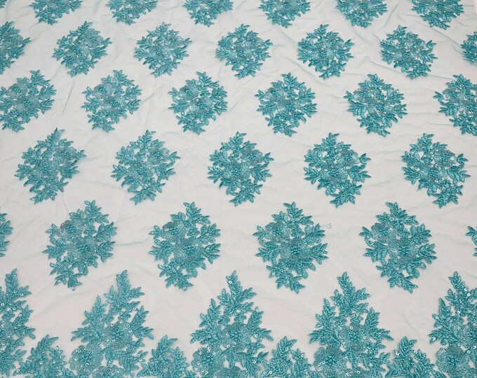 Blue Mesh Lace Fabric - by yard - Corded Flower Embroidery With Sequins on a Mesh Lace Fabric For Wedding-Bridal-Dress