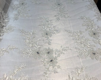 Ivory Embroidered Flower Beaded Lace Fabric - Bridal Wedding Fabric