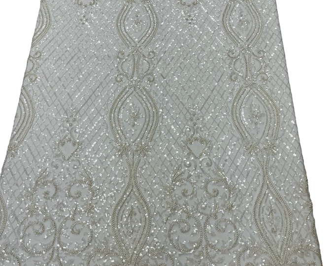 Off White Fashion Design Bead Damask Fabric - Beaded Fabric Embroidered Geometric Design With Beads and Sequins on a Mesh Sold By The Yard