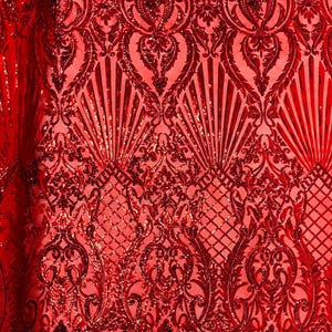 Red Sequin Fabric, Selena Damask Design on a 4 Way Stretch Sequin Lace Mesh - Prom Gala Gown Fabric By Yard