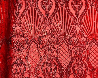 Red Sequin Damask Fabric, 4-Way Stretch Lace Mesh, Prom Gown Fabric