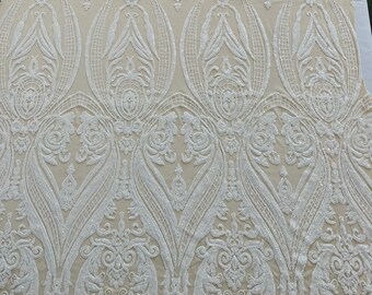 White Sequins - 4 Way Stretch Fancy Big Damask Design Sequins on Spandex Mesh Prom Gala Gown Fabric By The Yard