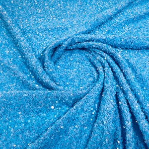 Aqua Blue Sequin on Sky Blue Stretch Velvet With Sequins all Over 5mm Sequins 2-way Stretch 58/60” (Choose The Quantity)