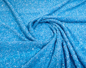 Aqua Blue Sequin Stretch Velvet Fabric: 5mm Sequins, 2-Way Stretch (58/60") By The Yard
