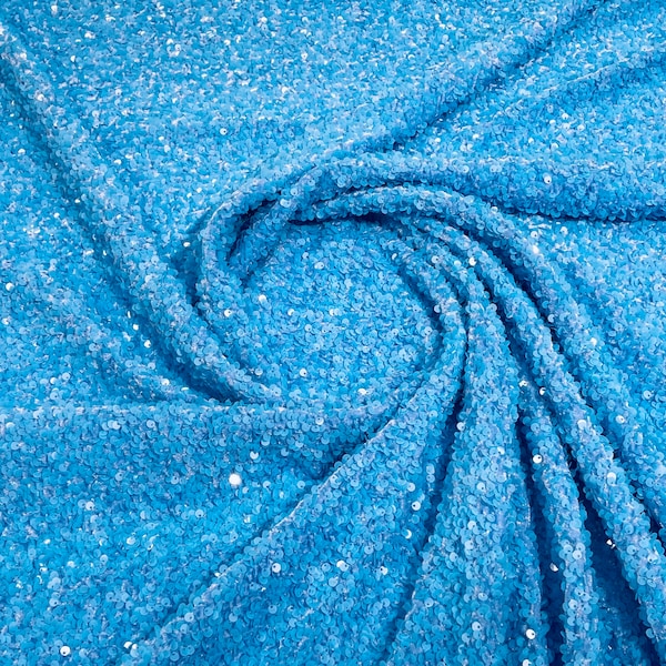 Aqua Blue Sequin on Sky Blue Stretch Velvet With Sequins all Over 5mm Sequins 2-way Stretch 58/60” (Choose The Quantity)