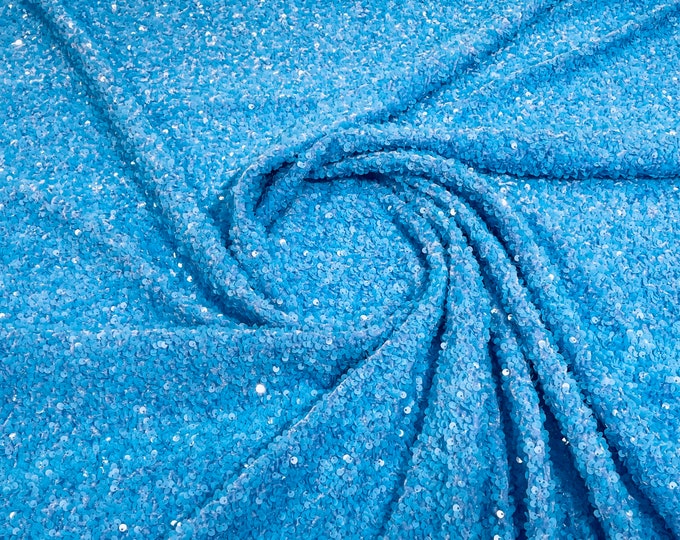 Aqua Blue Sequin on Sky Blue Stretch Velvet With Sequins all Over 5mm Sequins 2-way Stretch 58/60” (Choose The Quantity)