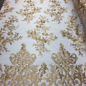Diseño de damasco KHAKI bordado en tela de encaje de malla, vestido de novia de encaje floral cortado a medida (elija un tamaño)