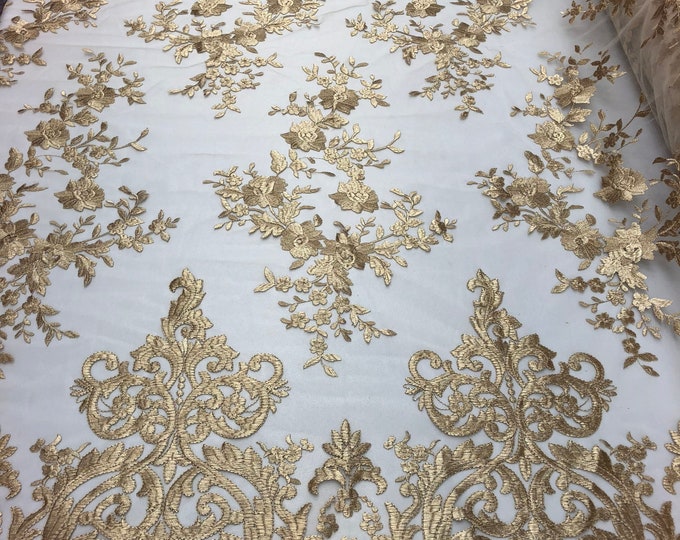 KHAKI Damask Design Embroidered on Mesh Lace Fabric, Floral Bridal Lace Wedding Dress by the Yard (Pick a Size)
