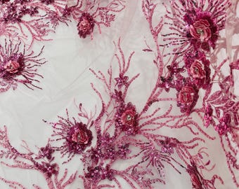 Dusty Rose 3D Floral Rhinestone Lace Fabric: Embroidered Mesh, 52" Wide