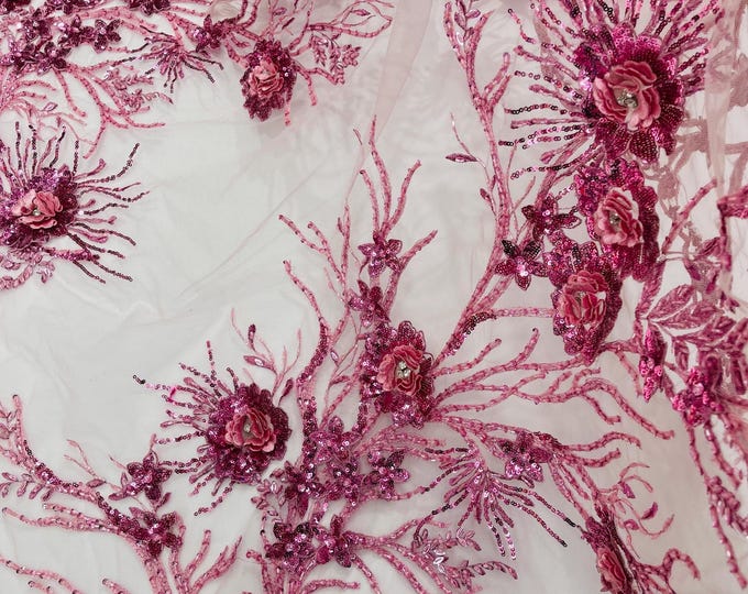 Dusty Rose 3D Floral Rinestones Lace Fabric by yard, Flower Design Embroider With Rhinestones On a Mesh, Prom-Dresses-Nightgown-Fashion