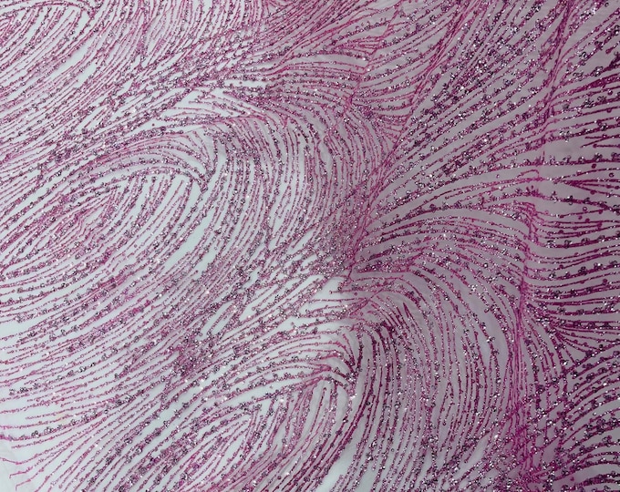 Pink Glitter Sequin on Mesh Lace Fabric, Wedding Decor Fabric Bridal/Prom/Sparkle