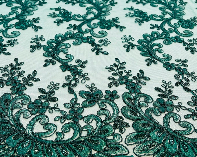 Hunter Green - Floral Lace Fabric, Embroidery With Sequins on a Mesh Lace Fabric By The Yard For Gown, Wedding-Bridal (Choose The Quantity)