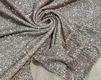 Blush Mille Striped Sequin Fabric: 4-Way Stretch Mesh, Couture Gown Fabric by the yard